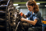 Working woman industrial transportation motor engineer car production job mechanic teamwork line factory technology