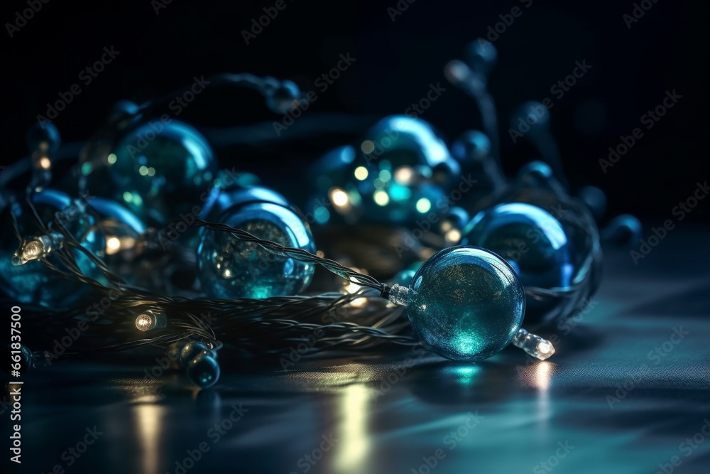 Dive into the festive spirit with a macro view of creatively designed blue holiday lights and decorations. Ai generated