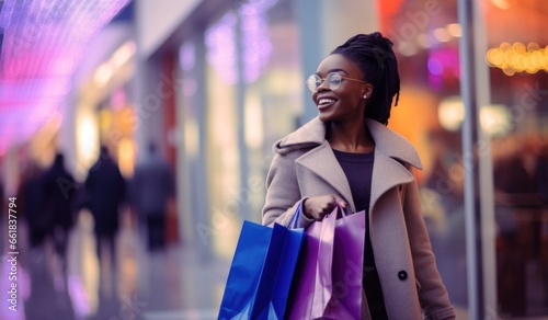person with shopping bags, african american woman with shopping bags on black friday.