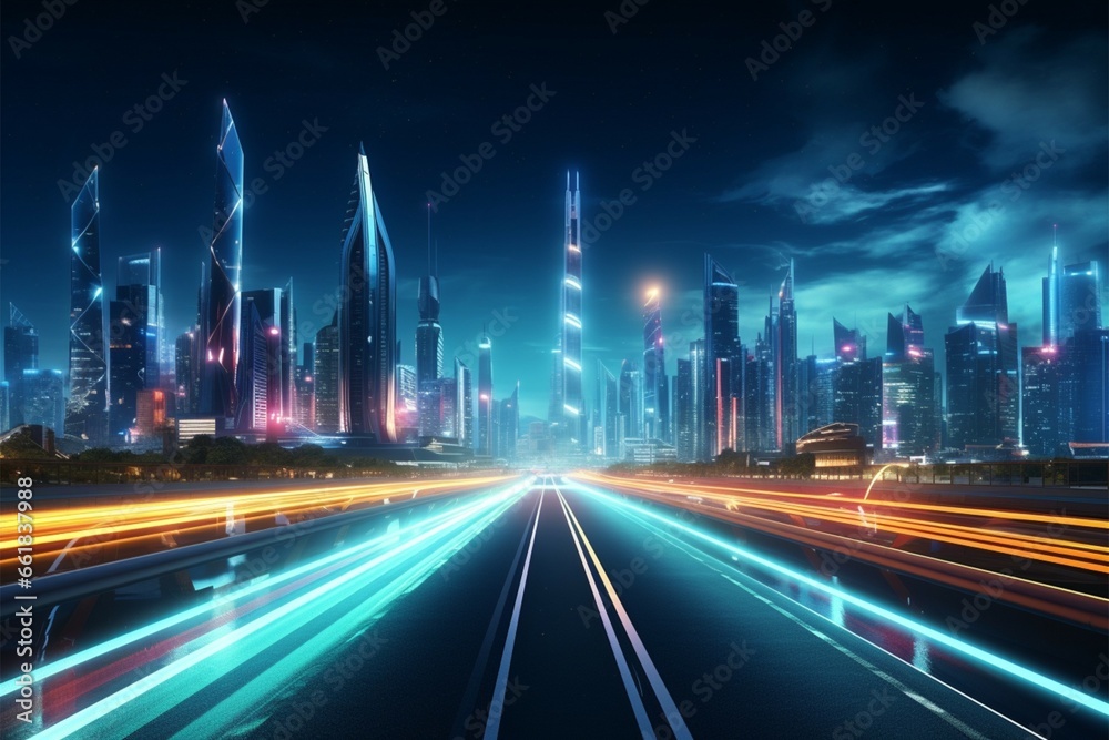 Illuminated metropolis with neon lit highways in a nocturnal cyberpunk world