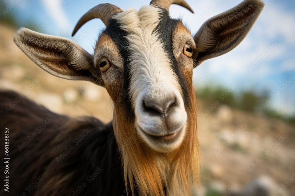 Inquisitive goat locks eyes with the camera, a captivating connection