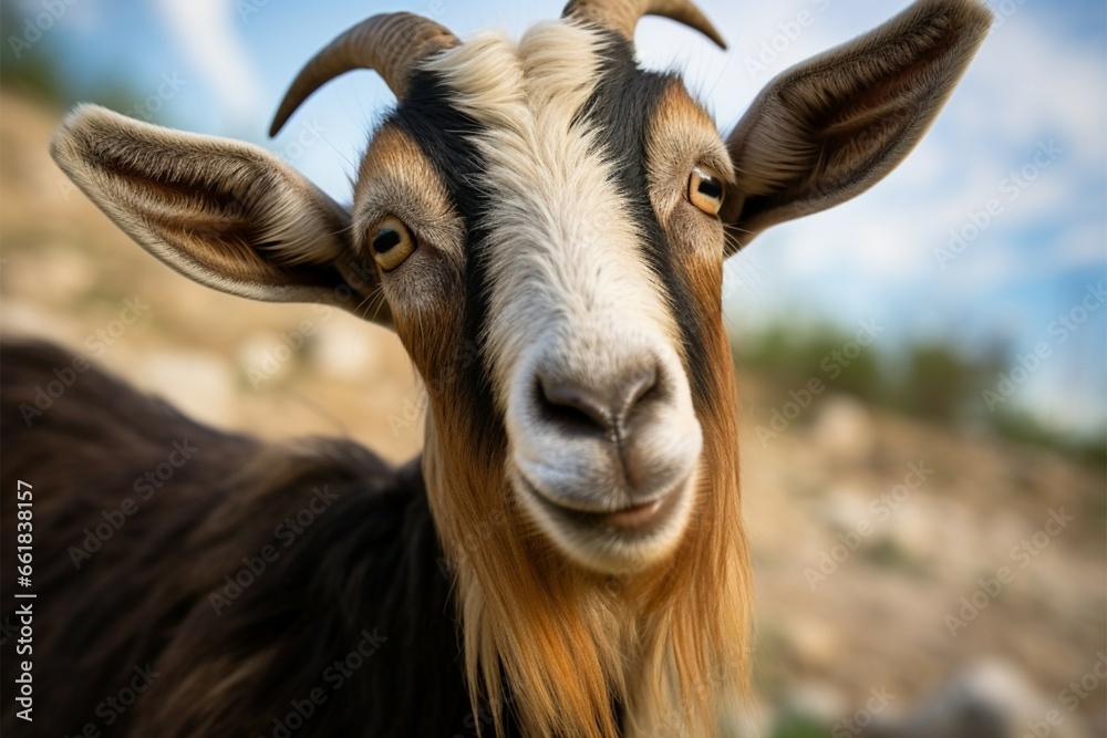 Inquisitive goat locks eyes with the camera, a captivating connection Inquisitive goat locks eyes with the camera, a captivating connection