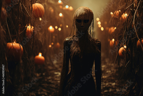 Surreal background with pumpkins and halloween ghost