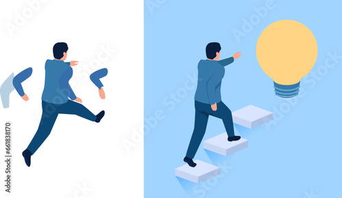 People walk towards the next ladder leading to the lamp of ideas, a metaphor of the path to business success