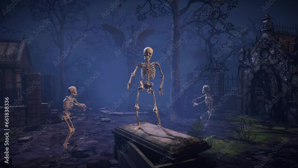 Funny skeletons dancing on a tomb at night in a cemetery. Halloween party. Funny skeletons dancing on a tomb at night in a cemetery. Halloween party.