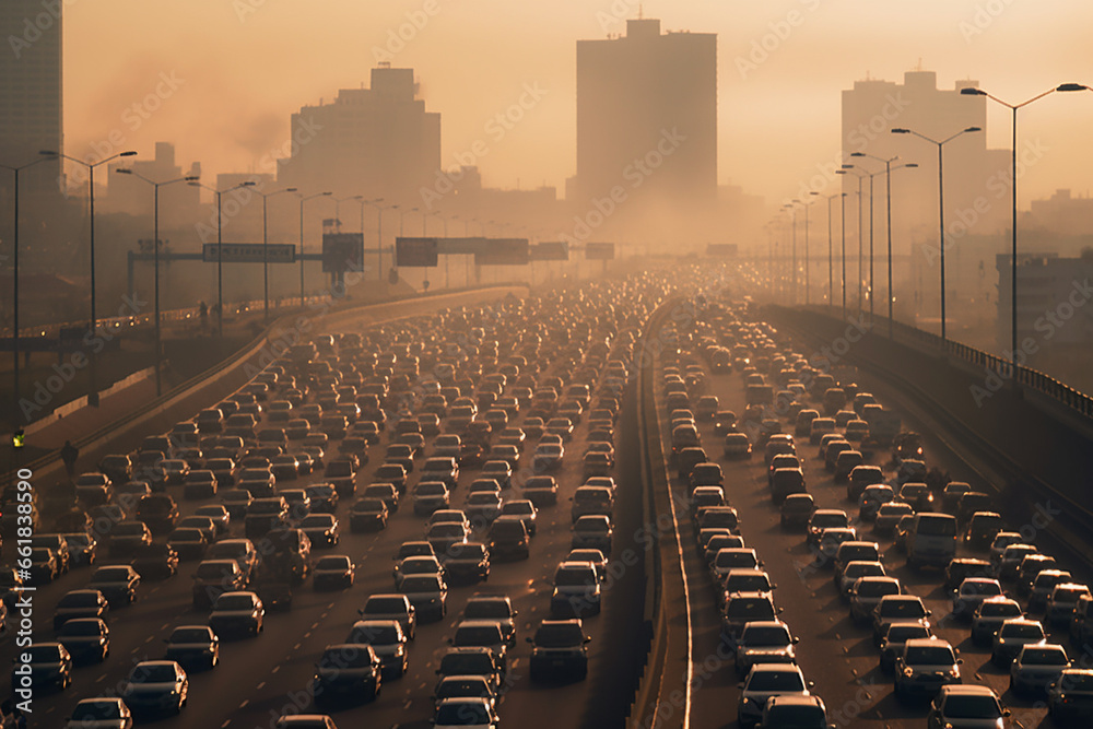 Navigate the urban hustle as a massive flow of cars fills a major highway, highlighting environmental pollution challenges. Ai generated - obrazy, fototapety, plakaty 
