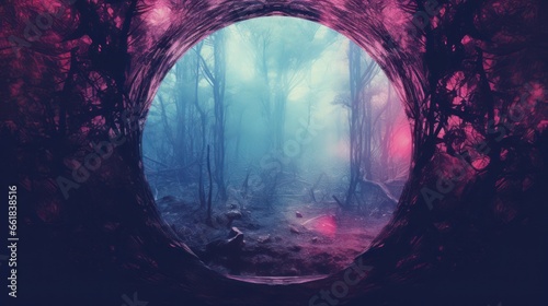 Fantasy background  abstract landscape with foggy forest and copy-space. Neon lights  pink and blue colors.