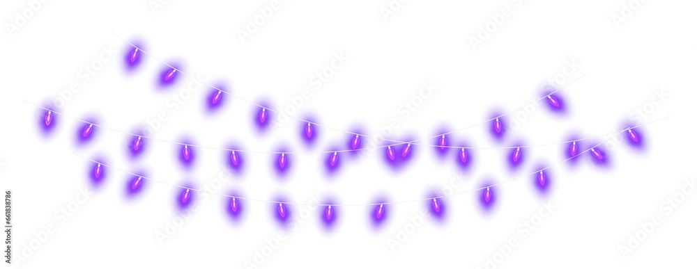 Violet christmas glowing garland. Christmas lights. Colorful Christmas garland. The light bulbs on the wires are insulated. PNG.