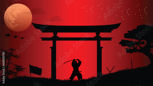 illustration vector graphic of Ninja, Assassin, Samurai training at night on a full moon. Perfect for wallpaper, poster, etc.