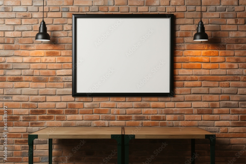 Picture frame mockup black, brown brick wall, ample copy space Picture frame mockup black, brown brick wall, ample copy space