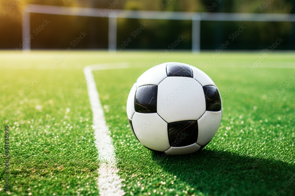 Pitch perfect Soccer ball poised on the vibrant green field