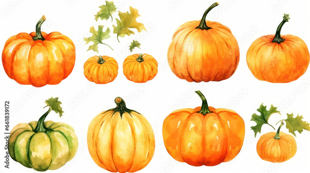 Watercolor painting of a pumpkins in orange color tone.