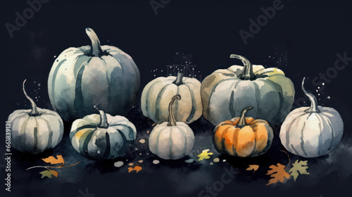 Watercolor painting of a pumpkins in dark gray color tone.