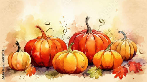 Watercolor painting of a pumpkins in red color tone.