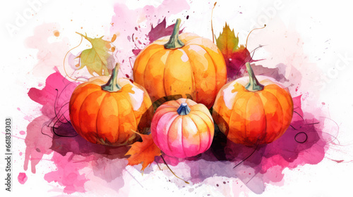 Watercolor painting of a pumpkins in fuchsia color tone.