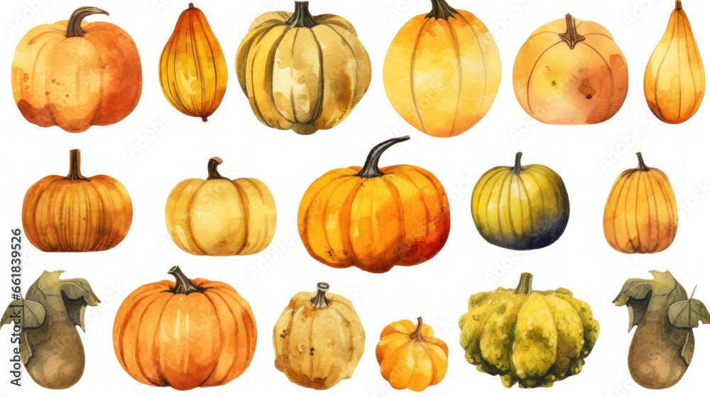 Watercolor painting of a pumpkins in dark yellow color tone.