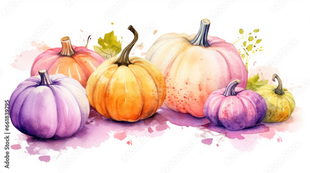 Watercolor painting of a pumpkins in light magenta color tone. Watercolor painting of a pumpkins in light magenta color tone.