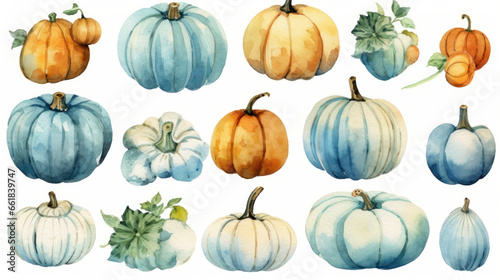 Watercolor painting of a pumpkins in light cyan color tone.