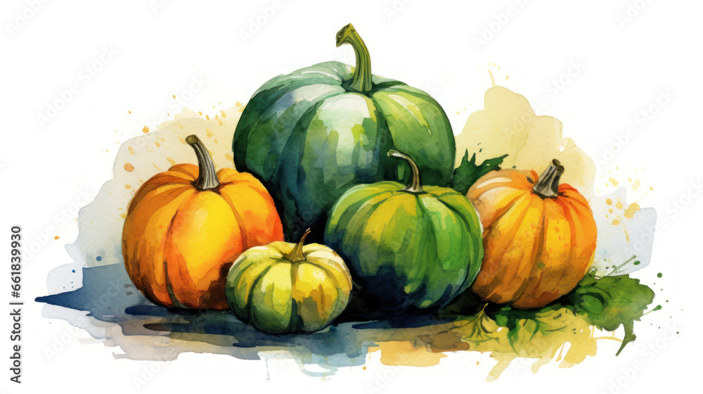 Watercolor painting of a pumpkins in vivid green color tone. Watercolor painting of a pumpkins in vivid green color tone.