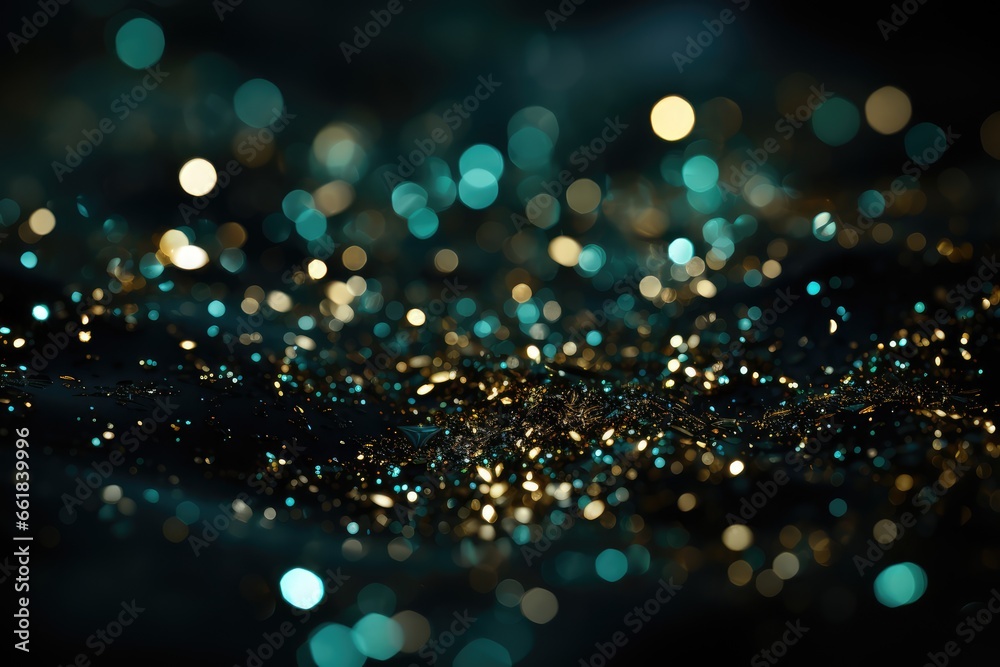 Decoration Day. Merry Christmas or Happy New Year! Glitter vintage lights background banner,. gold, blue and black. de-focused. Green Glitter Background for Christmas or Special Occasion. 