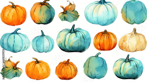 Watercolor painting of a pumpkins in vivid cyan color tone.