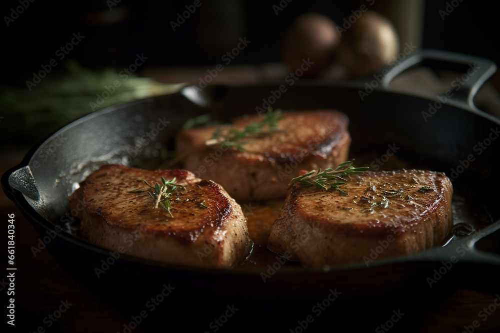 Savor the delicious details of succulent pork chops captured in a product photoshoot illuminated by soft, natural light. Ai generated