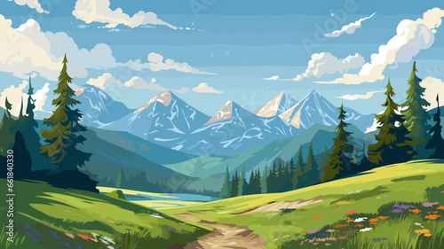 Illustration. View of an alpine landscape. Simple illustration, with meadows and alpine mountains in the background. Copy space available. Beautiful mountain landscape during summer.