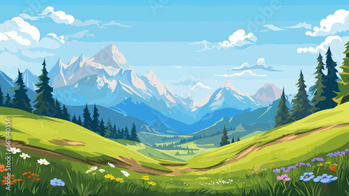 Illustration. View of an alpine landscape. Simple illustration, with meadows and alpine mountains in the background. Copy space available. Beautiful mountain landscape during summer. © Dirk