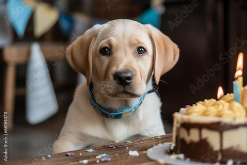 Celebrate joy as an adorable labrador puppy eyes a birthday cake placed in front of him, ready for a delightful celebration. Ai generated