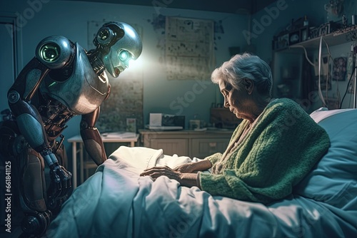 Robot helps an old woman get out of bed. Patient care. Future technologies