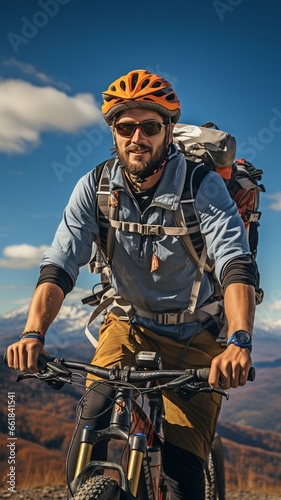 On a blue sky background, a biker is seen with a red rucksack. broad view
