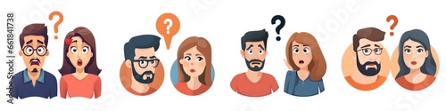 Couple of man and woman with curious expressions, question mark, cartoon, collection, isolated on transparent background, Generative AI