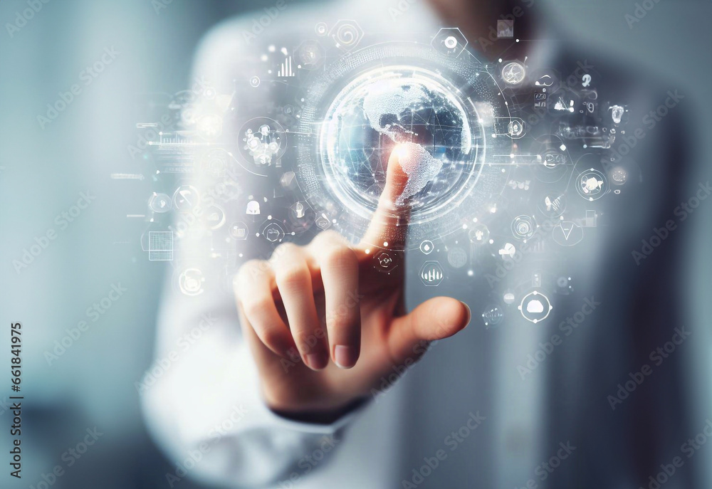 Businessman using communication hologram generative AI illustration art Businessman using communication hologram generative AI illustration art