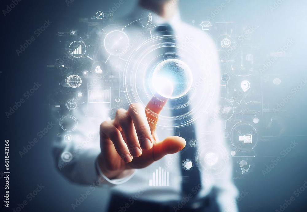 Businessman using communication hologram generative AI illustration art Businessman using communication hologram generative AI illustration art