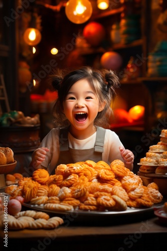Little Asian Child chef playing with dough with a happy. Cooking is fun for kids. Merry Christmas and happy holidays.