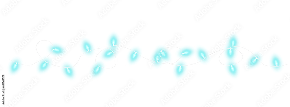 Blue-green christmas glowing garland. Christmas lights. Colorful Christmas garland. The light bulbs on the wires are insulated. PNG.