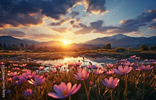 springtime sunrise over a meadow.