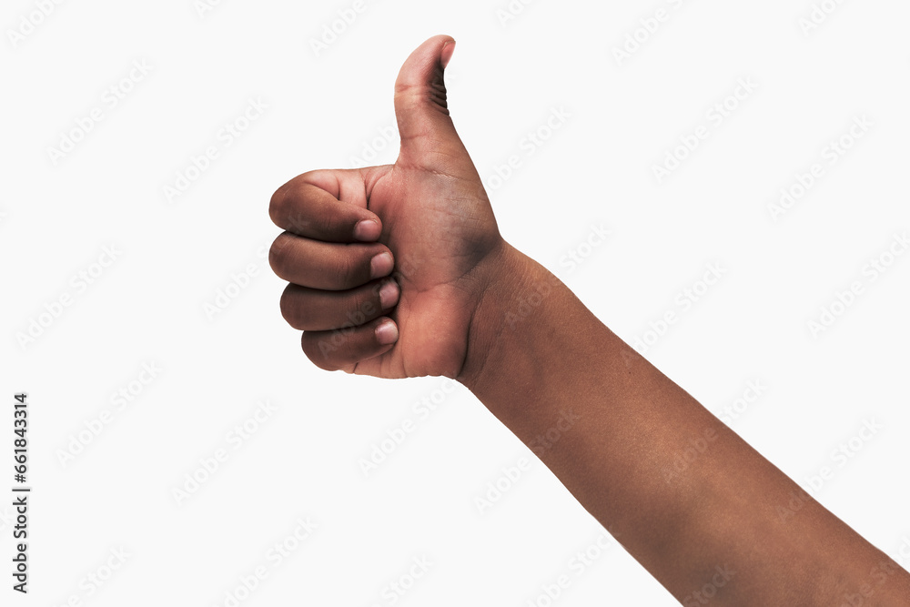 Afro child hand gesturing thumb up isolated on white background - obrazy, fototapety, plakaty 