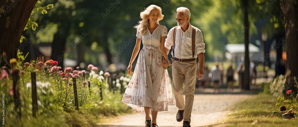 a senior citizen couple at a park. Walking in a park with a picnic basket, active retirees hold hands..