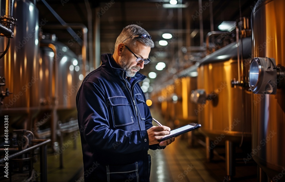 A factory worker using a tablet computer to inspect a manufacturing line with reservoirs or tanks at a brewery plant.