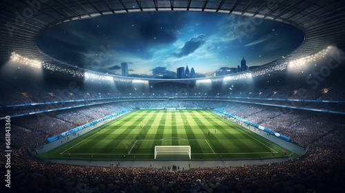 A soccer field in a bustling stadium, ready for an exciting match