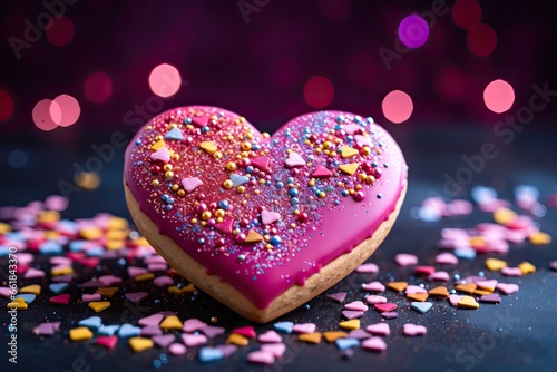 pink decorated heart shaped cookie with colorful sprinkles. valentine concept