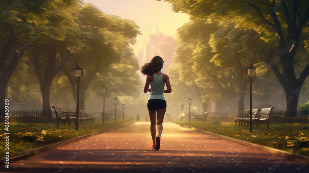 A woman sprinting through a beautiful park during a sports event A woman sprinting through a beautiful park during a sports event