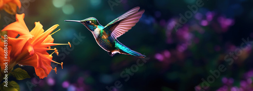 Small hummingbird with colorful plumage flying near colorful blooming flowers on blurred background. With copy space. © Chrixxi