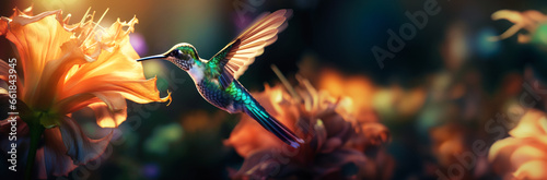 Small hummingbird with colorful plumage flying near colorful blooming flowers on blurred background. With copy space. © Chrixxi