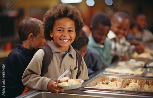 Happy children in cafeteria food line photo
