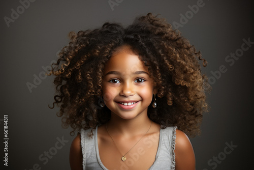 Happy african little preschool girl in casual clothes on grey background