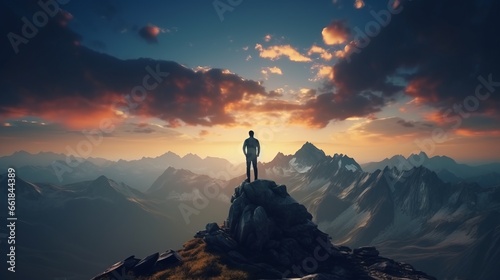 A man conquering a mountain peak at sunset during a thrilling outdoor adventure