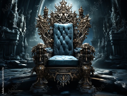 Medieval iron throne. A mysterious, discreet design element in a medieval fantasy style.