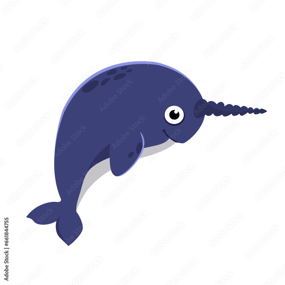 Obraz premium Сute narwhal. Arctic marine or oceanic animal. Vector illustration in flat style. White isolated background
